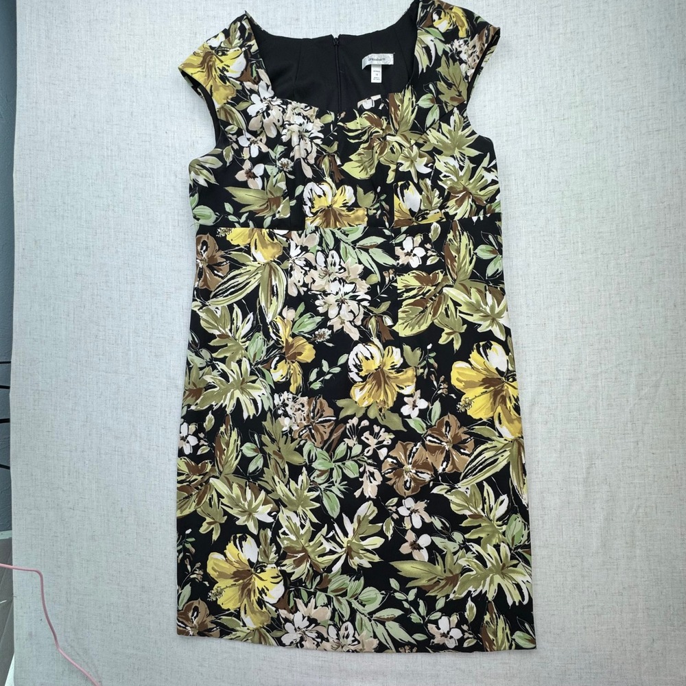 Dressbarn Sheath Dress Womens 16 Black Green Floral Cap Sleeve Square Neck Mod